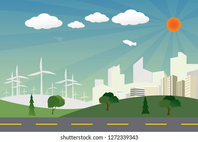 Eco green city. environment concept.Urban landscape for green energy paper art style. Vector illustration. - Vector