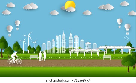 Eco green city. environment concept.Urban landscape for green energy paper art style. Vector illustration.