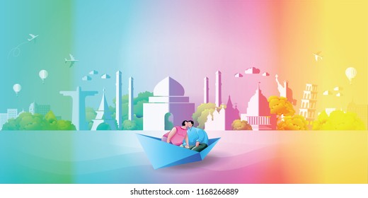 Eco Green City of four Season, Couple travel with cruise in the sea and save the energy concept vector illustration in Paper art style digital