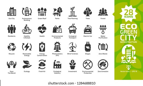 Eco Green City Glyph Icon Set With Ecology Town Infrastructure, Nature Environment Building, Renewable Energy, Recycle Technology, Urban Tree Save, Solar And Wind Power, Modern Home And Future House.