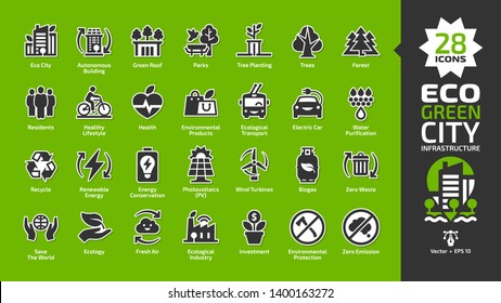 Eco green city icon set with ecology town infrastructure, nature environment building, renewable energy, bio & life friendly technology, urban tree save, cycle ecological transport glyph symbols.