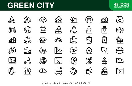 Eco Green City Icon Set. Minimalist Line Icons for Sustainability, Smart Cities, and Environmental Conservation Projects