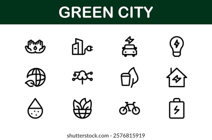 Eco Green City Icon Set. Minimalist Line Icons for Sustainability, Smart Cities, and Environmental Conservation Projects