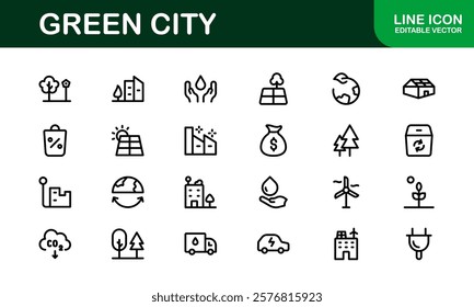 Eco Green City Icon Set. Minimalist Line Icons for Sustainability, Smart Cities, and Environmental Conservation Projects