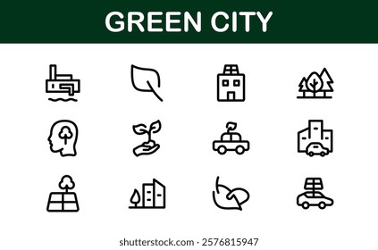 Eco Green City Icon Set. Minimalist Line Icons for Sustainability, Smart Cities, and Environmental Conservation Projects