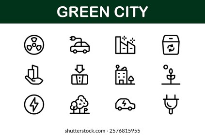 Eco Green City Icon Set. Minimalist Line Icons for Sustainability, Smart Cities, and Environmental Conservation Projects