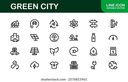 Eco Green City Icon Set. Minimalist Line Icons for Sustainability, Smart Cities, and Environmental Conservation Projects