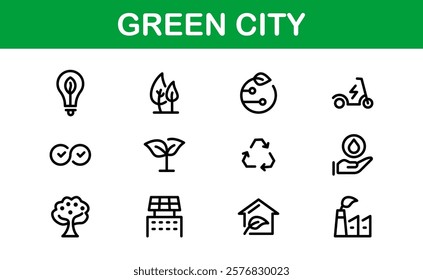 Eco Green City Icon Set. Minimalist Line Icons for Sustainability, Smart Cities, and Environmental Conservation Projects