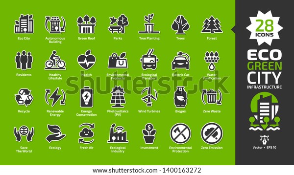Eco green city icon set with ecology town\
infrastructure, nature environment building, renewable energy, bio\
& life friendly technology, urban tree save, cycle ecological\
transport glyph symbols.