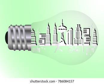 Eco green city in light Bulb..Urban landscape for green energy. Vector illustration.Paper art style.Green city environment concept.Relax building background