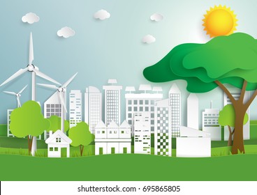 Eco green city and nature landscape.Ecological and environment conservation concept.Green energy paper art style.Vector illustration.