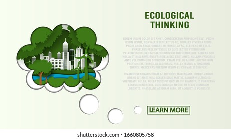 Eco green city with photovoltaic panels wind turbines in thought bubble. Eco friendly landing page layout. Paper cut art style vector illustration for website, web page, slide. 

