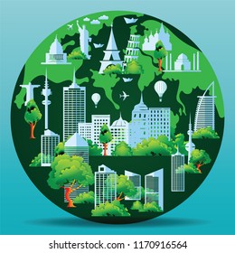 Eco Green City. World and Energy saving concept design vector illustration in Paper art digital style