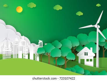 Eco green city.Environment conservation concept.Urban landscape for green energy paper art style.Vector illustration.