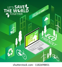 Eco green city.Save the world and environment concept.Urban landscape for green energy isometric style.Vector illustration.