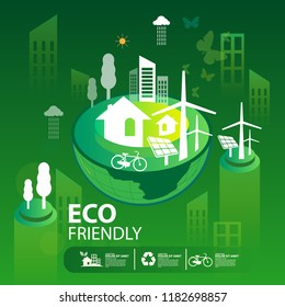 Eco green city.Save the world and environment concept.Urban landscape for green energy isometric style.Vector illustration.