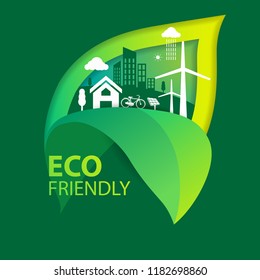 Eco green city.Save the world and environment concept.Urban landscape for green energy paper art style.Vector illustration.