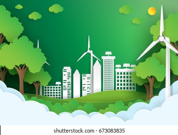 Eco Green City.Save The World And Environment Concept.Urban Landscape For Green Energy Paper Art Style.Vector Illustration.