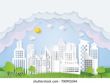 Eco green city.Save the world and environment conservation concept.Urban landscape for green energy paper art style.Vector illustration.