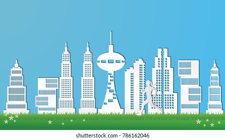 Eco green city..Urban landscape for green energy. Vector illustration.Paper art style.Green city environment concept.Relax building background