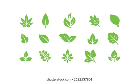 Conjunto de iconos planos de logotipo de Vector de hoja de color verde ecológico. Formas de hojas aisladas sobre fondo blanco. Diseño de concepto de bosque floral de plantas y árboles biológicos.
