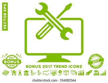 Eco Green Computer Tools icon with bonus 2017 year trend symbols. Vector illustration style is flat iconic symbols, white background.