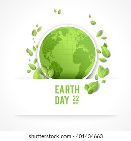 Eco green concept for design banner,ticket, leaflet and so on.Template page for Earth day. Holiday card. Green globe and leaves. Isolated.