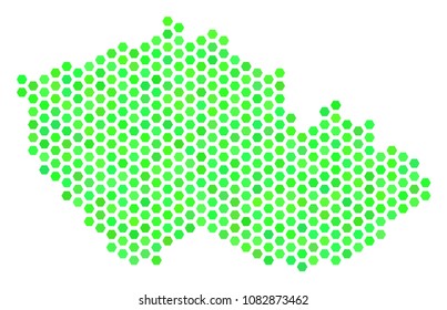 Eco green Czech map. Vector hexagon territory plan using eco green color tints. Abstract Czech map composition is constructed of hexagonal elements.