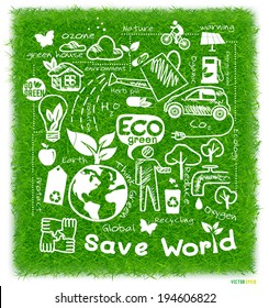 Eco green drawing save the earth concept on green grass background, vector illustration 