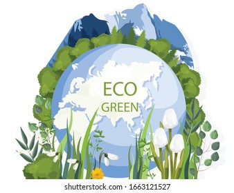 Eco green earth composition with snowdrops and green trees, mountains