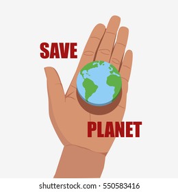 Eco green earth on human palm. Save planet motto. Flat vector stock illustration