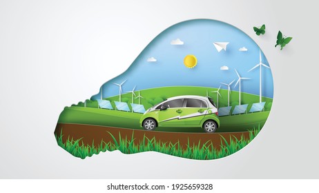 Eco green energy concept with electric car, windmill, solar cell panels. paper cut vector illustration 