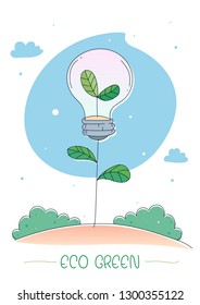 Eco Green energy concept. Little tree growing out of inside a lightbulb. Vector illustration