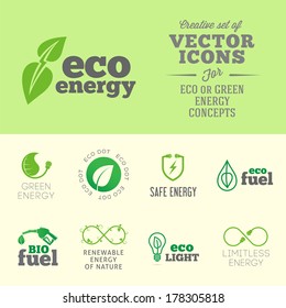 Eco or green energy concept vector icon or logo set with typography