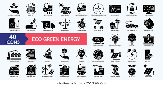 Eco green energy icon collection set with renewable energy, solar power, wind energy, waste energy, eco material
