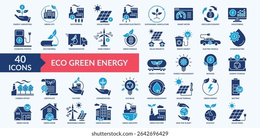 Eco green energy icon collection set with renewable energy, solar power, wind energy, electric vehicle, eco material