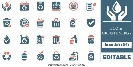 Eco and green energy icon set featuring symbols for sustainability and environmental awareness. Perfect for eco-friendly projects, these icons clearly represent key green concepts.
