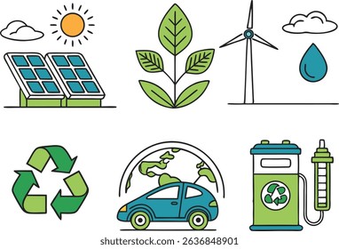 Eco and Green Energy Illustrations in Colorful Style. Colorful Green Energy and Eco Design Illustration Set. Renewable Energy and Eco Icons Colorful Illustrations. Collection of Eco Friendly and Green