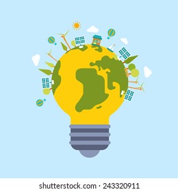 Eco green energy lamp lifestyle planet world globe modern flat style template. Windmill and sun battery, eco transport, non polluting factory production, trees and clouds. Ecology concepts collection.
