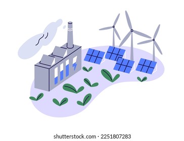 Eco green energy, sustainable electric power sources concept. Alternative renewable electricity from wind, sun. Windmills, turbines, solar panels. Flat vector illustration isolated on white background