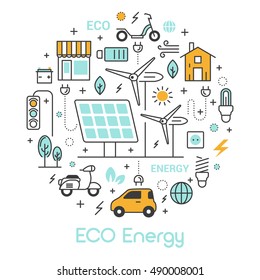 ECO Green Energy Thin Line Vector Icons Set with Solar Battery and Windmill