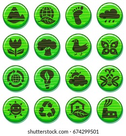Eco green environment Icons Set, wooden round buttons Isolated On White Background - Vector Illustration, graphic design elements nature and ecology. Cute cartoon style.