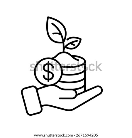 Eco green financing icon set vector. Money savings and finance vector linear icons set. Isolated icon collection such as money, dollar, currency, coins, hand, leaf, eco friendly, credit card, finance.