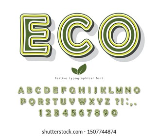 Eco green font. Cartoon ABC letters and numbers. Vector illustration