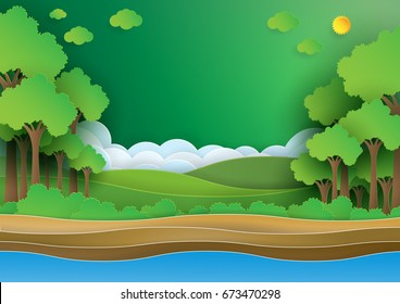 Eco green forest.Save the world and environment concept paper art style.Vector illustration.