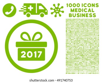 Eco Green Gift 2017 Year vector rounded icon. Image style is a flat icon symbol inside a circle, white background. Bonus set has 1000 healthcare business pictograms.