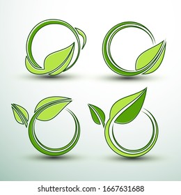 Eco green global labels concept with leaves,vector illustration