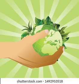 Eco green globe on sunflower on hands, isolated on white vector concept illustration