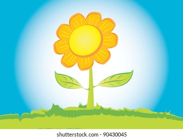 Eco green glossy flower on grass. Vector illustration.