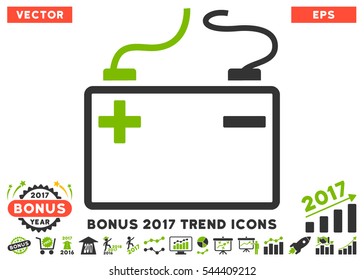 Eco Green And Gray Accumulator pictogram with bonus 2017 trend icon set. Vector illustration style is flat iconic bicolor symbols, white background.